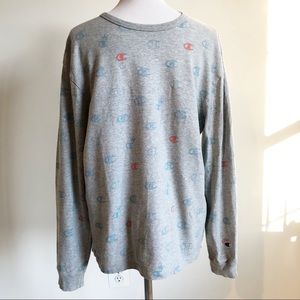 Champion Grey Long Sleeve Logo Unisex Tee T-Shirt, size Large